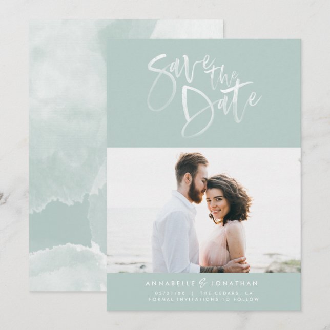 Modern watercolor script typography wedding photo save the date (Front/Back)