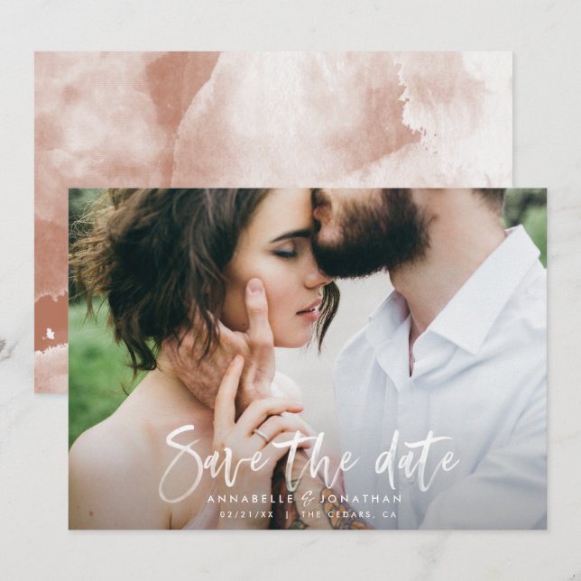 Modern watercolor script typography wedding simple save the date (Front/Back)
