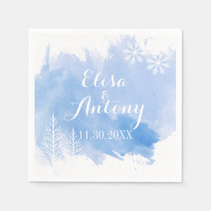 Modern watercolor splash blue winter wedding napkin