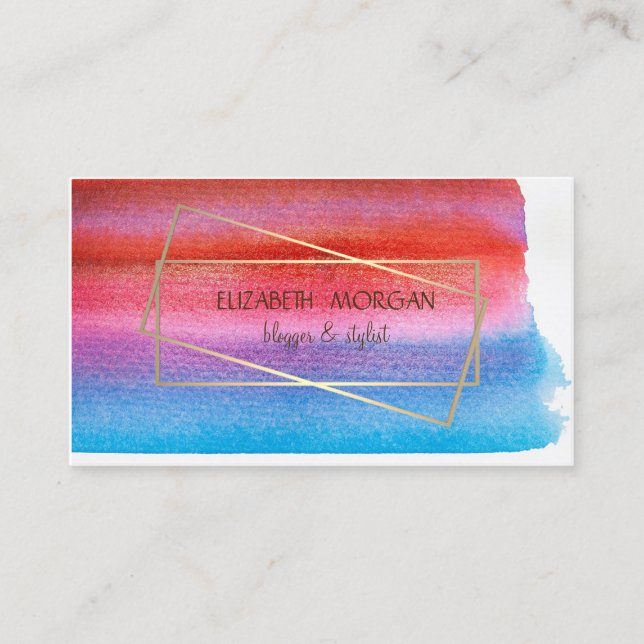 Modern Watercolor Splash, Gold Frame Business Card (Front)
