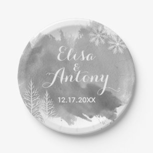 Modern watercolor splash grey winter wedding paper plate