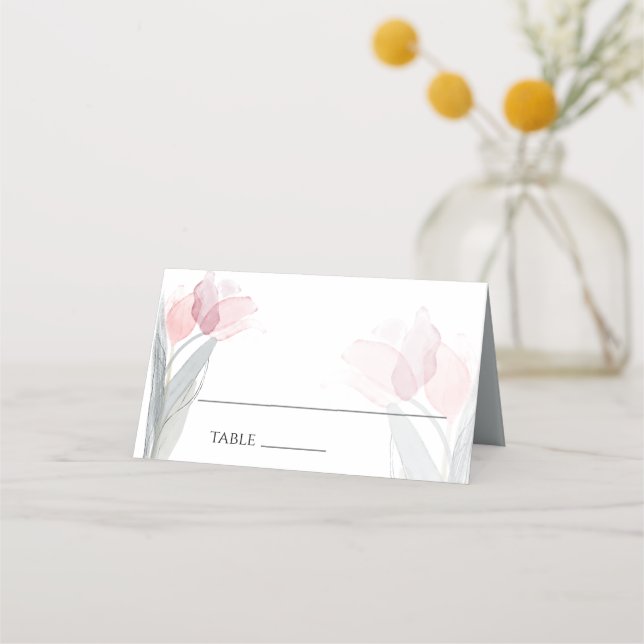 Modern Watercolor Spring Pink Tulips Place Card (Front)