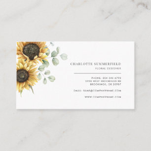 Modern Watercolor Sunflower and Eucalyptus Florist Business Card