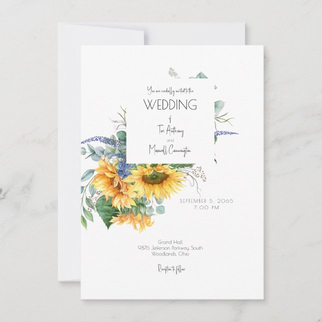 Modern Watercolor Sunflower Bouquet Wedding Invitation (Front)