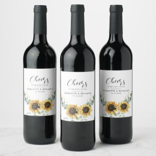 Modern Watercolor Sunflower Eucalyptus Wedding Wine Label