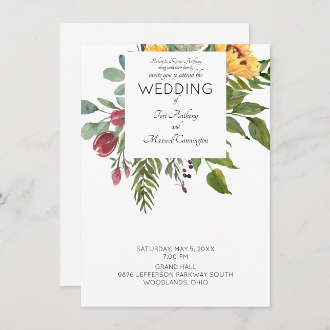Modern Watercolor Sunflower Parents White Wedding Invitation (Front/Back)