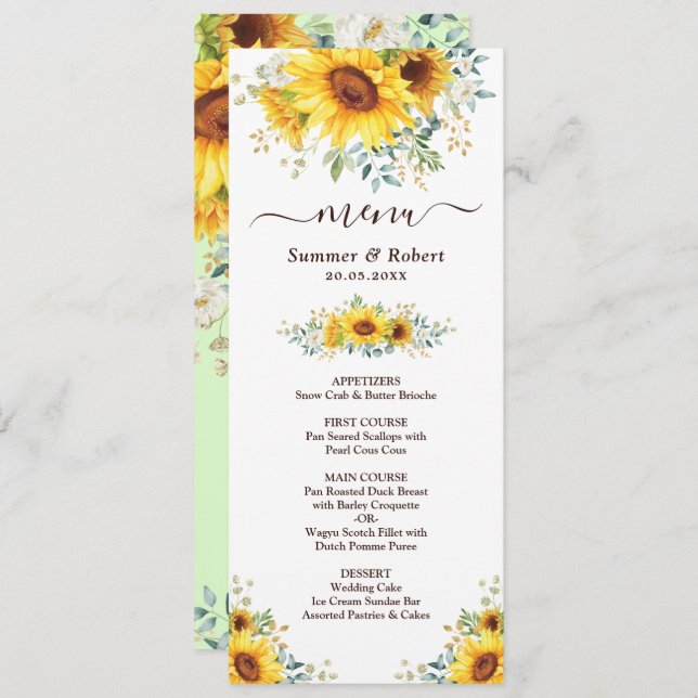 Modern Watercolor Sunflower Wedding Menu Card (Front/Back)