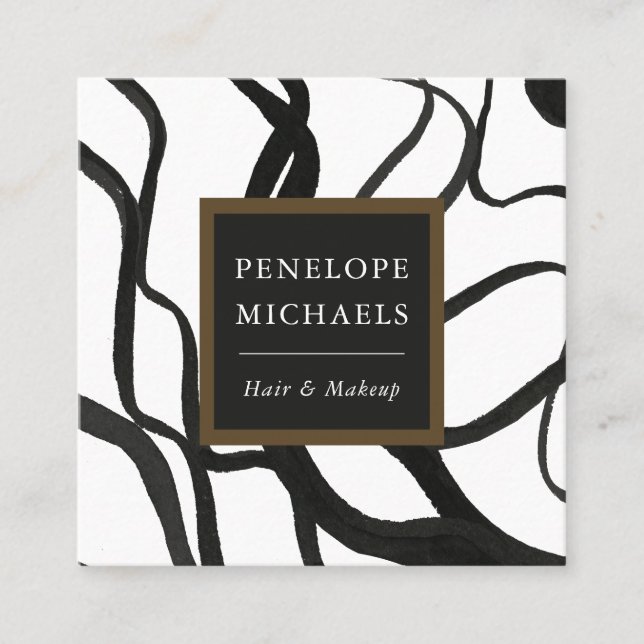 Modern Watercolor Swirls Black and White Square Business Card (Front)