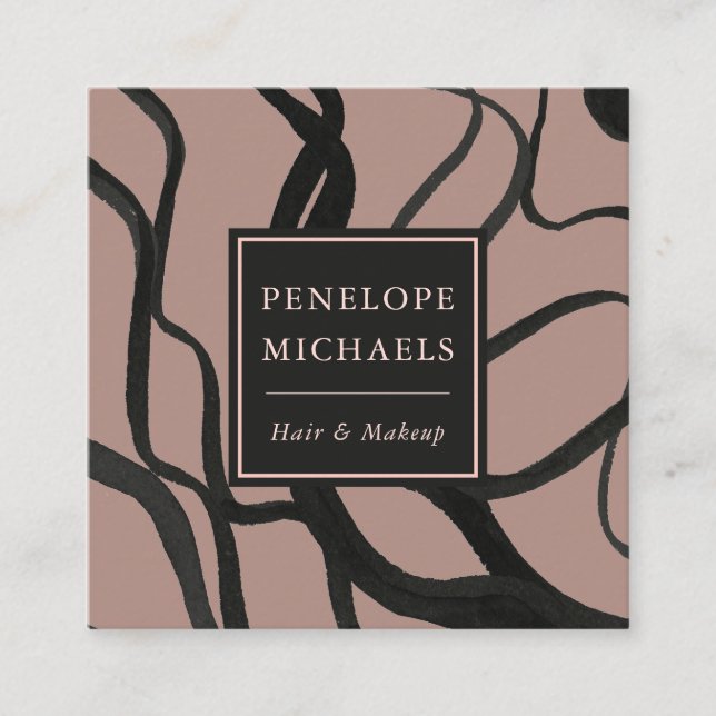 Modern Watercolor Swirls Rose and Black Square Business Card (Front)