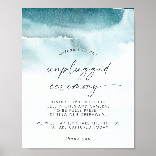 Modern Watercolor | Teal Unplugged Ceremony Sign (Front)