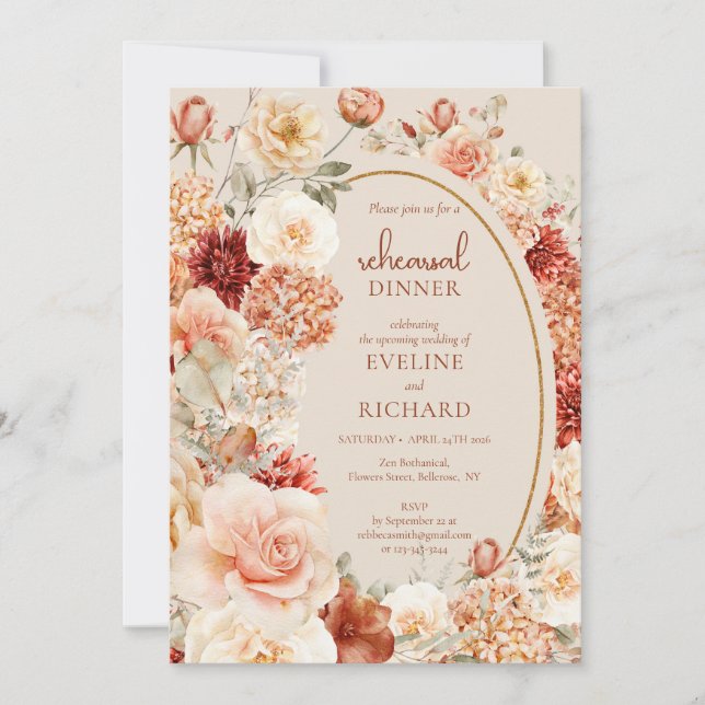 Modern watercolor terracotta burgundy blush floral invitation (Front)