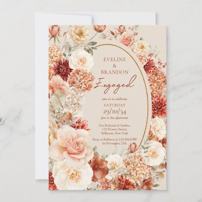 Modern watercolor terracotta burgundy blush floral invitation (Front)