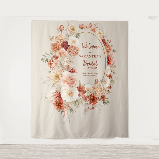 Modern watercolor terracotta burgundy blush floral tapestry (Front)