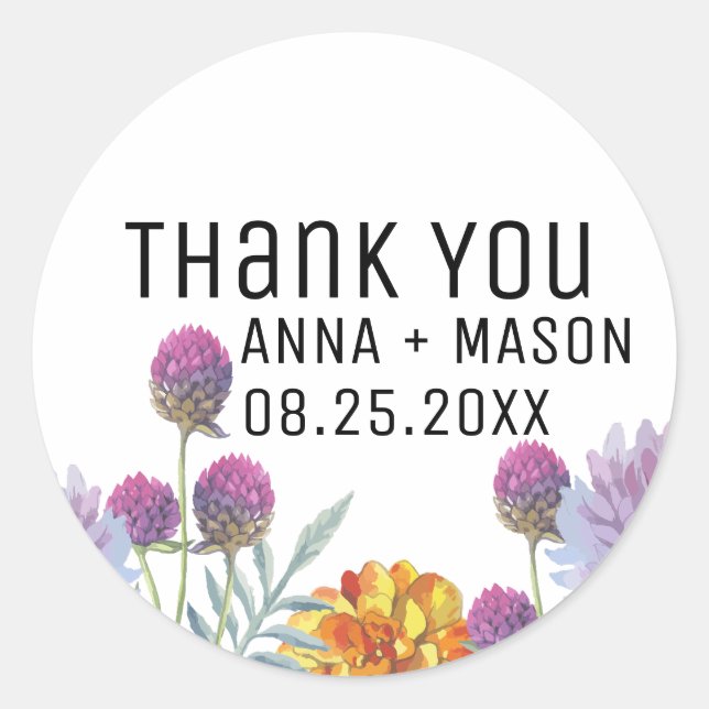 Modern Watercolor Thank You Wedding  Classic Round Sticker (Front)