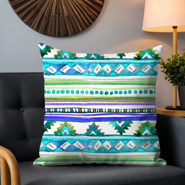 Modern Watercolor Tribal Pattern Green Purple Cushion (Creator Uploaded)