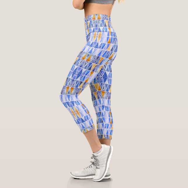Modern watercolor tribal triangles in blue gold capri leggings (Left)