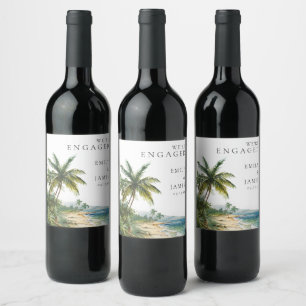Modern Watercolor Tropical Beach Engagement Party Wine Label