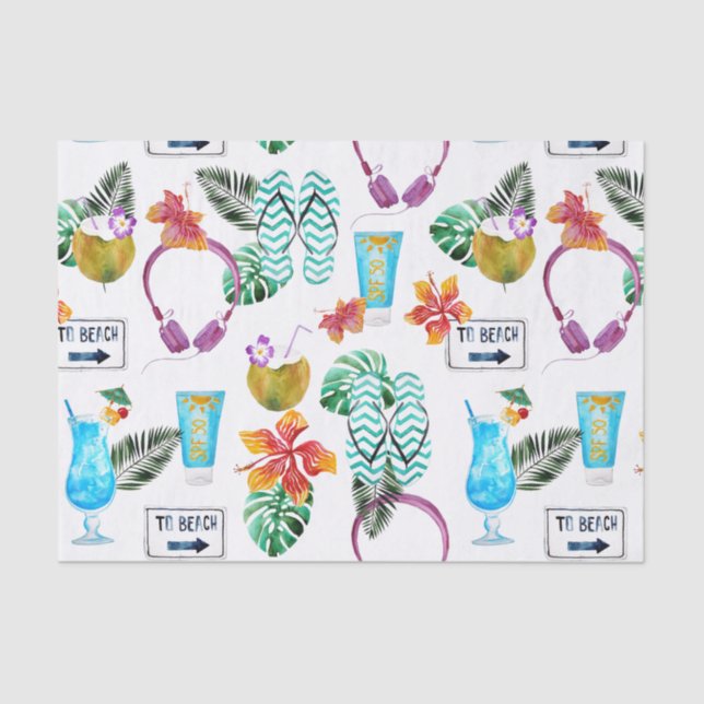 Modern Watercolor Tropical Beach Pattern Tissue Paper (Front)