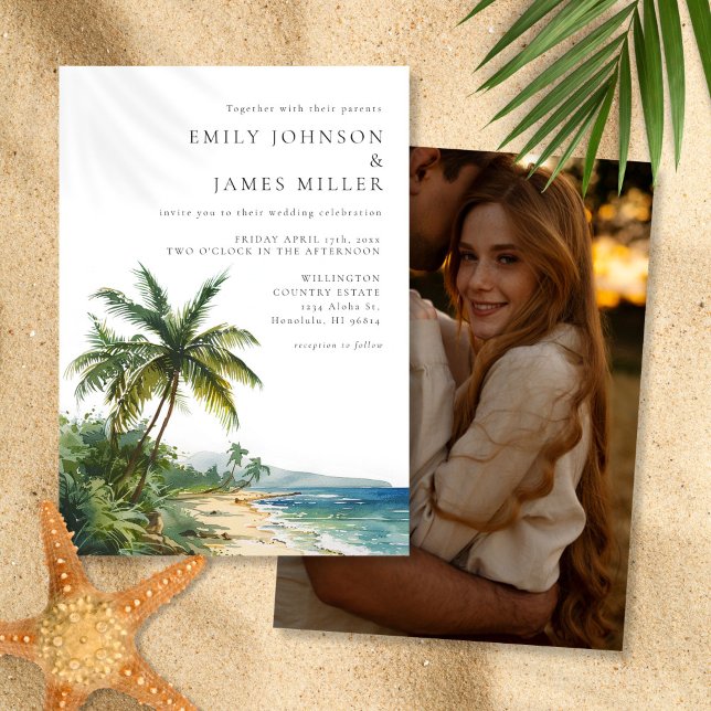 Modern Watercolor Tropical Beach Photo Wedding Invitation (Modern Watercolor Tropical Beach Photo Wedding Invitation)