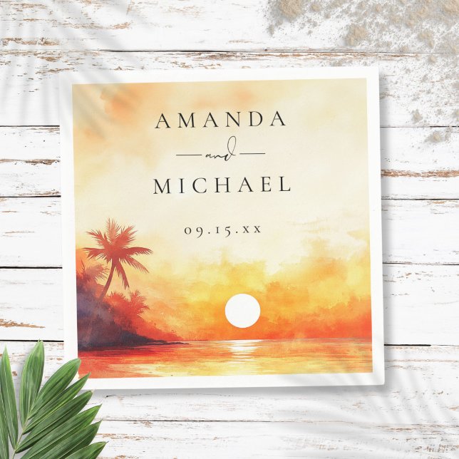 Modern Watercolor Tropical Beach Sunset Wedding Napkin (Modern Watercolor Tropical Beach Sunset Wedding Napkins)