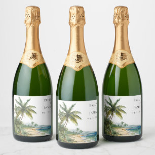 Modern Watercolor Tropical Beach Wedding Sparkling Wine Label