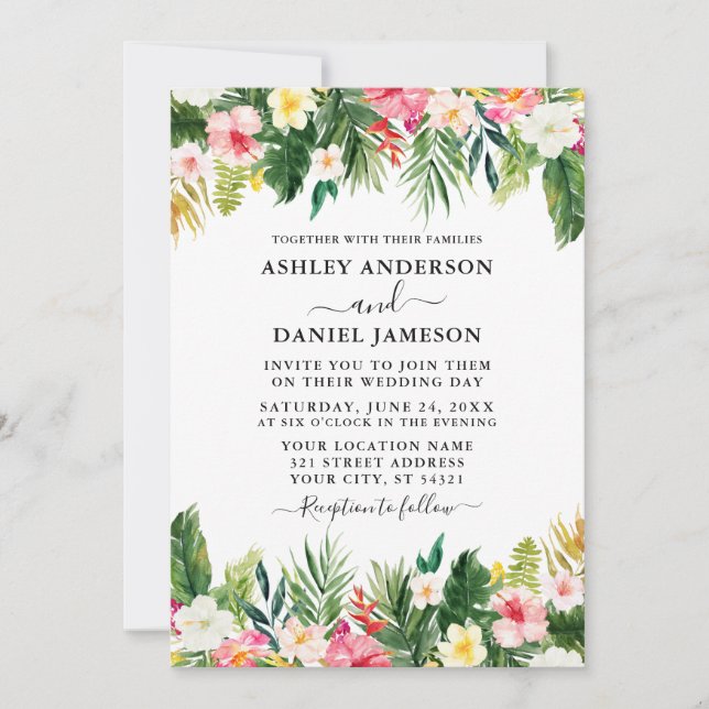 Modern Watercolor Tropical Floral Greenery Wedding Invitation (Front)