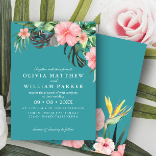 Modern Watercolor Tropical Flowers Summer Wedding Invitation