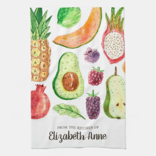 Modern Watercolor Tropical Fruits Food Script Name Tea Towel
