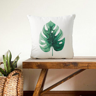 Modern Watercolor Tropical Green Monstera Leaf Cushion
