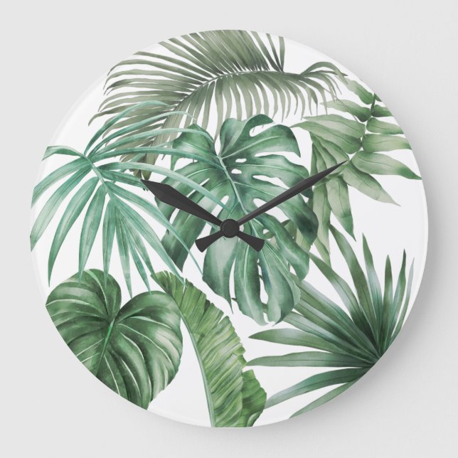 Modern Watercolor Tropical Leaves Monstera Large Clock (Front)
