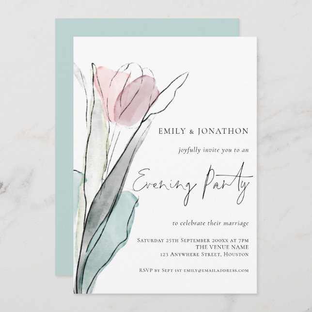 Modern Watercolor Tulip Wedding Evening Party Invitation (Front/Back)