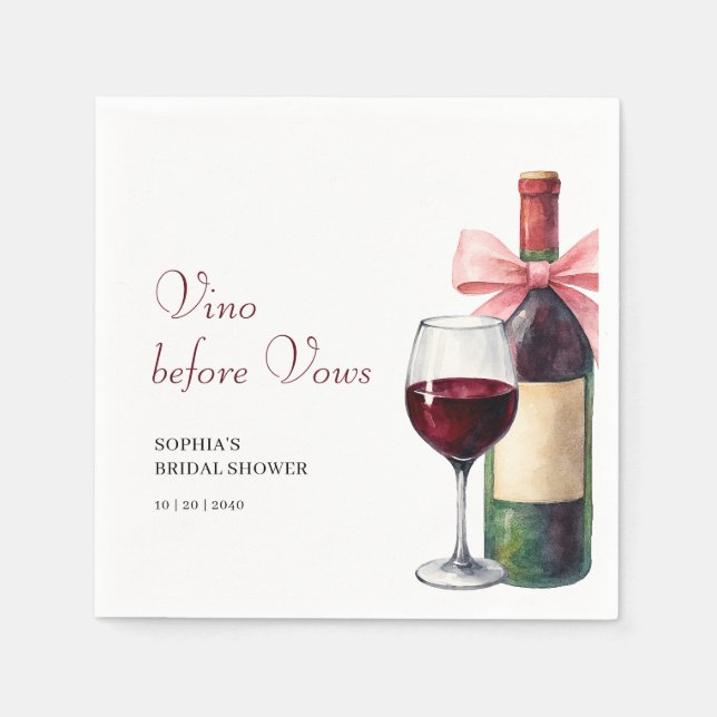 Modern Watercolor Vino Before Vows Bridal Shower Napkin (Front)