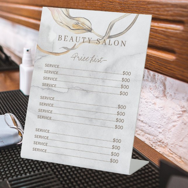 Modern watercolor washed grey salon service menu pedestal sign (Creator Uploaded)