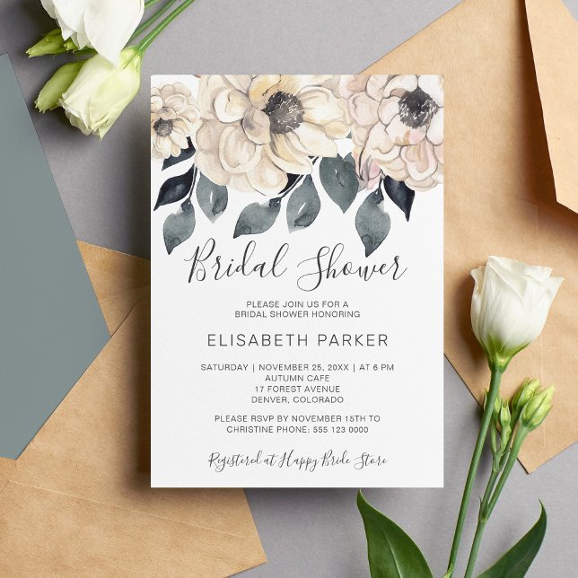 Modern watercolor white flowers bridal shower invitation (Creator Uploaded)