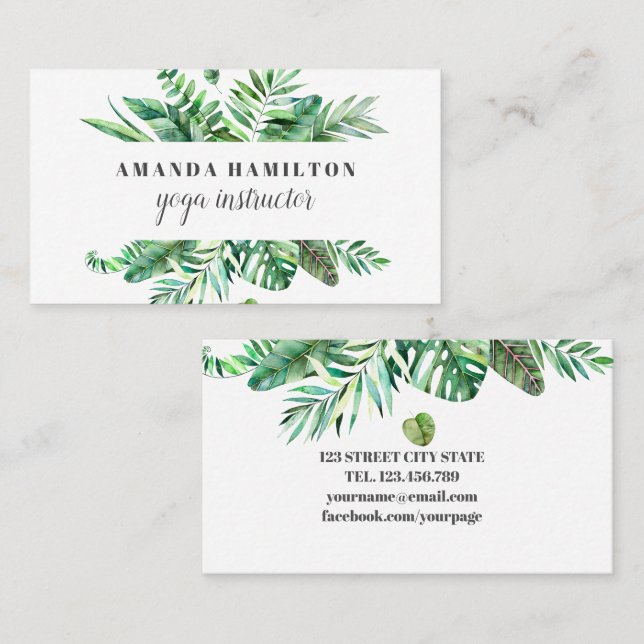 Modern Watercolor wild tropical leaves green Business Card (Front/Back)