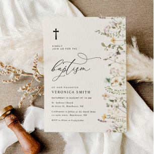 modern watercolor wildflower baptism invitation