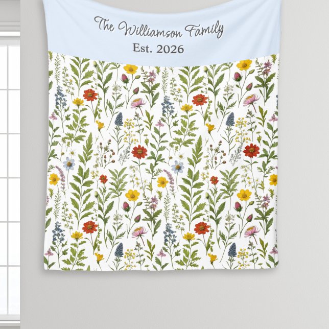 Modern Watercolor Wildflower Pattern Personalised Fleece Blanket (A pretty fleece blanket patterned with colorful wildflowers, with personalized name and year)