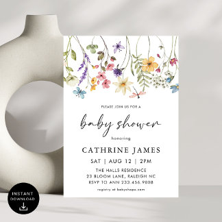 Modern Watercolor Wildflowers Floral Baby Shower Invitation