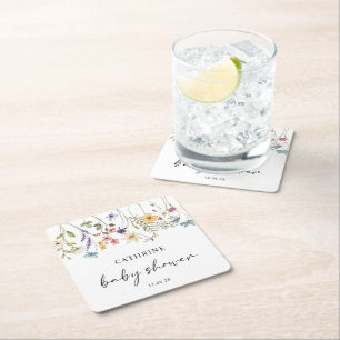 Modern Watercolor Wildflowers Floral Baby Shower Square Paper Coaster