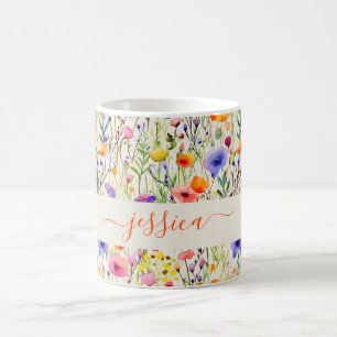 Modern watercolor wildflowers pattern script name coffee mug