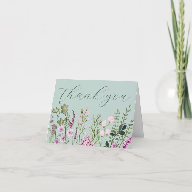 Modern Watercolor Wildflowers Purple Sage Green Thank You Card (Front)