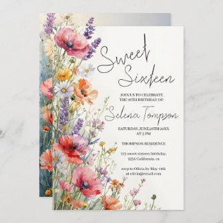 Modern Watercolor Wildflowers Sweet 16 Invite