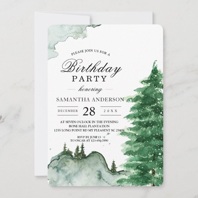 Modern Watercolor Winter Nature Green Trees Invita Invitation (Front)