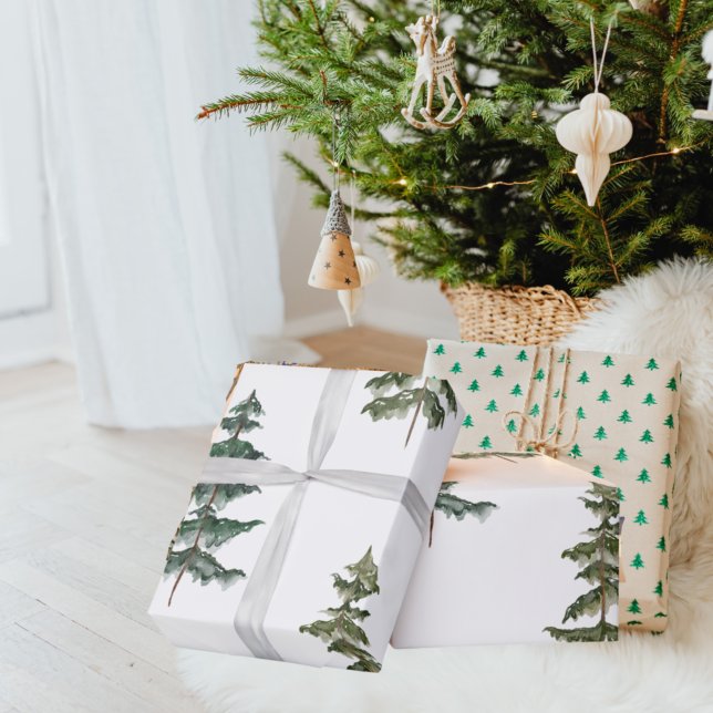 Modern Watercolor Winter Pine Green Tree Christmas Wrapping Paper (Creator Uploaded)