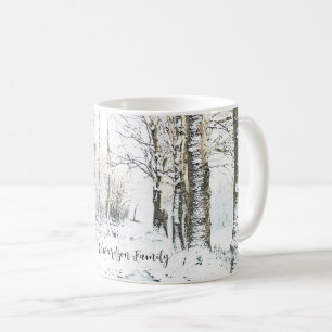Modern watercolor winter snow forest monogrammed coffee mug