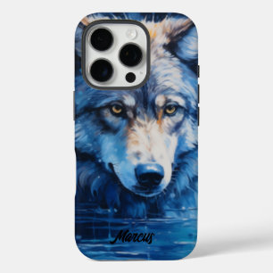 Modern Watercolor Wolf Customisable Name  iPhone 16 Pro Case