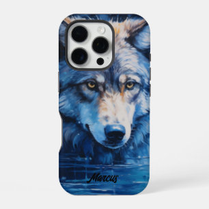 Modern Watercolor Wolf Customisable Name iPhone 16 Pro Case