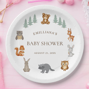 Modern Watercolor Woodland Animals Baby Shower Paper Plate