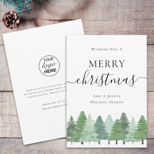Modern Watercolor Woodland Business Logo Christmas Holiday Card (Modern watercolor woodland business logo christmas green and white holiday card Elegant script)
