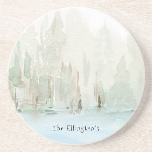 Modern Watercolor Woodland Scene Family Name Coaster